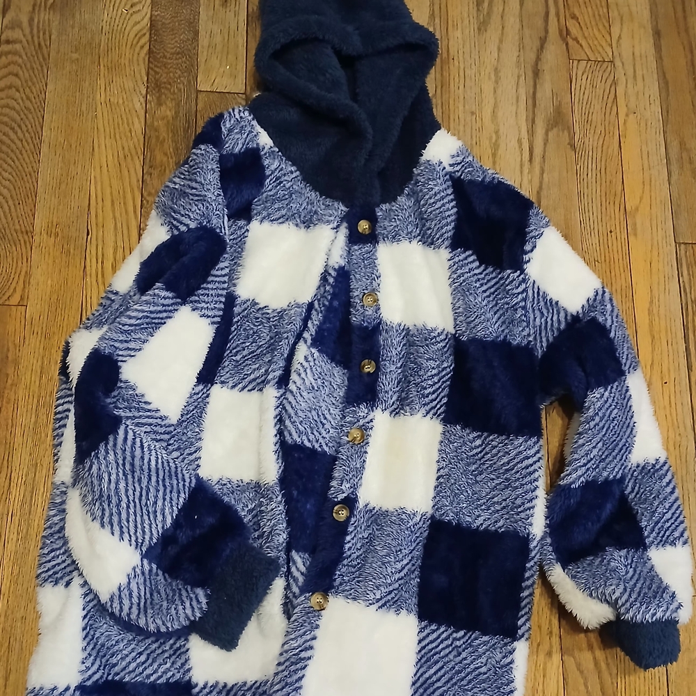 SHEIN Blue and White Checkered Hooded Jacket